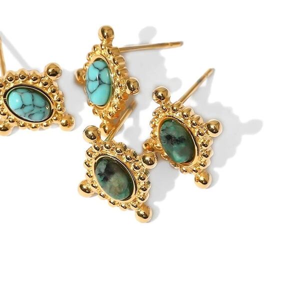 Vintage Greenish Natural Stone Stud Earrings 18K Gold Plated Stainless‎ Steel - Picture 6 of 7